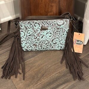 Justin Suede Look Fringe Tooled Sunflower,zip top,adjust/removable strap,pockets